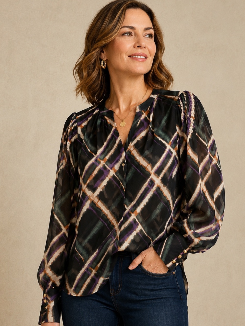 Chico’s Sheer Abstract Print Blouse Puff Sleeve Gold Button Cuff